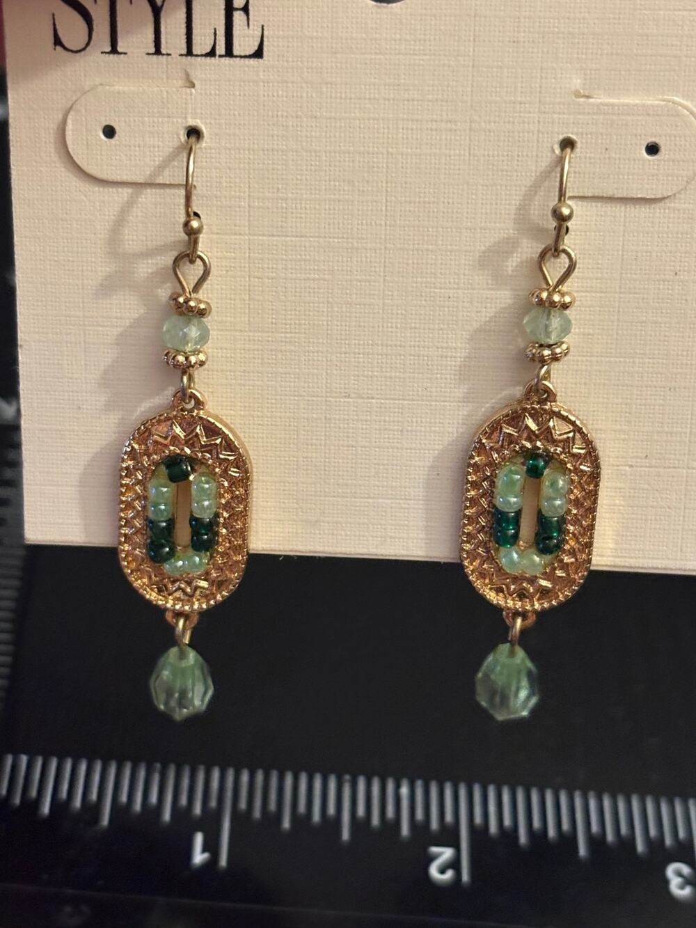 NWT Boho Gold Tone Green Bead Drop Earrings Style